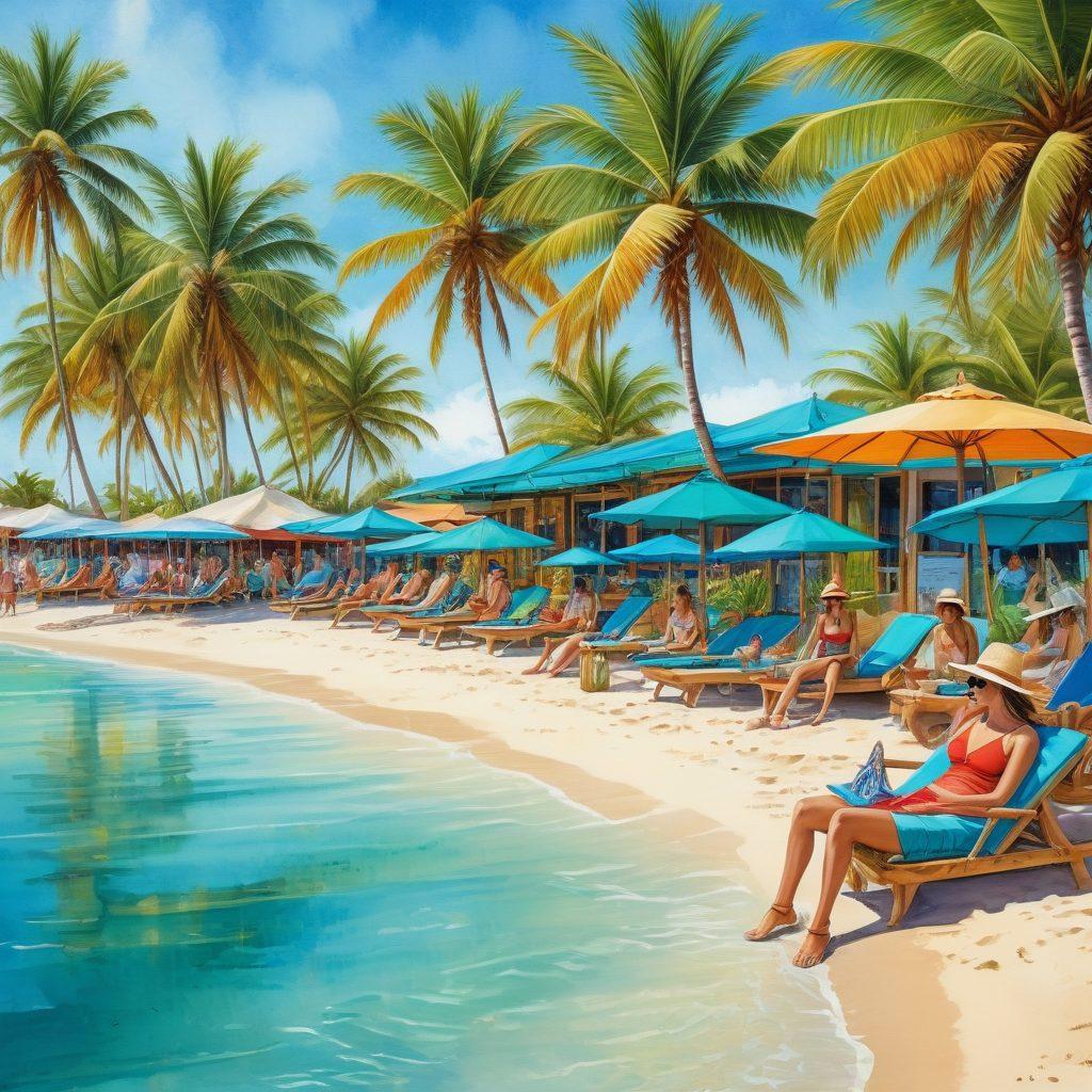 A vibrant beach scene featuring stylish swimwear mixed with eco-friendly beach fashion, showcasing a diverse group of sunbathers and surfers. Incorporate fashionable hats, sunglasses, and sustainable materials like bamboo and recycled fabrics. The sun is shining brightly, illuminating the colorful swimsuits against a backdrop of palm trees and turquoise water. Add an inviting beachside café with natural decor elements. watercolor style. vibrant colors.